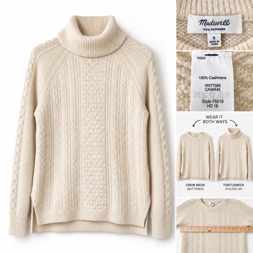 Madewell 100% Cashmere Cable Knit Crew & Turtleneck Sweater Size S Ivory